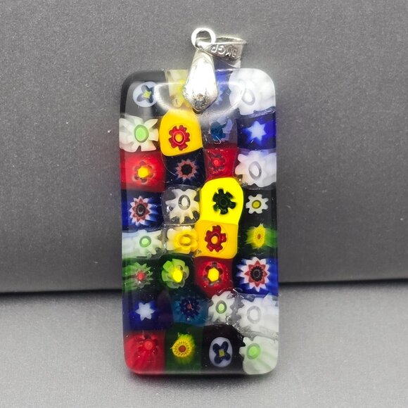 Murano Jewelry - Murano Millefiori Glass Pendant 1.75x.75" Multicolored Floral Mosaic 18k GP Bail